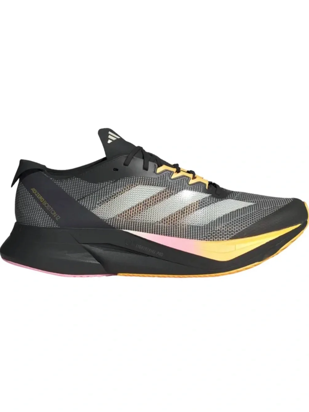 Adidas Adizero Boston 12 running shoe in the Core Black/Zero Metallic/Spark